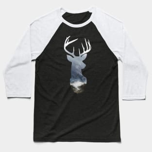 Deer Silhouette in Misty Scotland Forest Wild River Scene Baseball T-Shirt